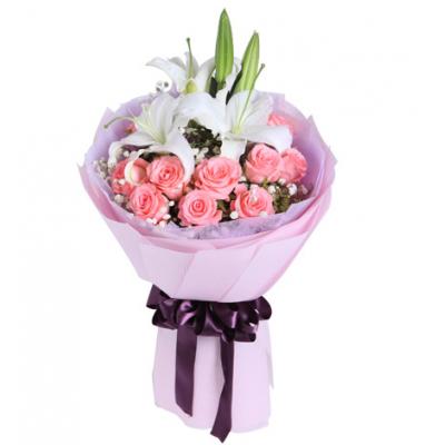 为爱相随----多头百合1枝，黛安娜粉玫瑰11枝